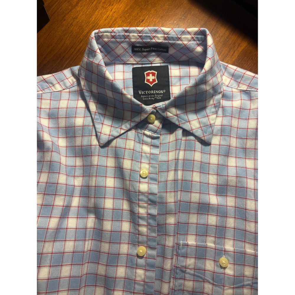 Victorinox Swiss Army Mens Blue Plaid Button Down Shirt Type A-2 Cotton Large